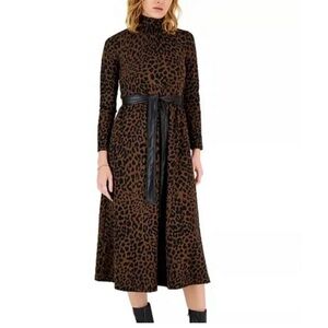 Anne Klein Leopard Print Long Sleeve Mock Neck Midi Dress size 6
